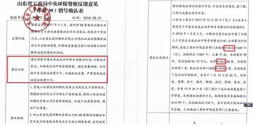 2018年11月1日，中央第三生態環境保護督察組進駐山東省開展&ldquo;回頭看&rdquo;。通過對相關部門走訪問詢，并抽查有關企業，發現山東省物流運輸企業違規使用普通柴油或其他高硫分燃油問題依然十分突出，柴油貨車尾氣污染嚴重。  一、基本情況  《大氣污染防治法》明確，禁止向汽車和摩托車銷售普通柴油以及其他非機動車用燃料。第一輪中央環保督察反饋指出，山東省以普通柴油替代車用柴油的情況較多，濱州等地市大量物流運輸企業違規使用普通柴油，尾氣污染問題突出。  為此，山東省整改方案要求，杜絕違規使用普通柴油的情況，并明確由原省工商局負責部署推進相應整改工作。原省工商局于2018年8月1日上報山東省環境保護督察反饋意見整改工作領導小組，聲稱該問題完成整改并銷號。  二、主要問題  督察發現，原山東省工商局作為整改責任主體沒有認真履行整改職責，未就整改工作進行部署推進，整改任務目標完全落空，全省物流運輸企業違規使用普通柴油或高硫分燃油問題依然普遍存在。  （一）違規售油無人管。督察組抽查3個地市的4家煉化公司，發現這些煉化公司違規大量向物流運輸企業銷售普通柴油或其他高硫分燃油，導致這些柴油大量替代車用柴油使用，污染嚴重。2018年，東營齊潤化工有限公司將3萬余噸硫含量近2000mg/kg的常壓柴油售給物流運輸企業和加油站，墾利石化有限公司也將3萬余噸硫含量2000-3000mg/kg的燃油售給相關物流運輸企業和加油站，硫含量最高超標約300倍。2017年中央環保督察以來，山東匯豐石化集團有限公司將近40萬噸普通柴油銷往多家物流運輸企業，濰坊市昌邑石化有限公司將5萬余噸國Ⅳ和國Ⅴ的普通柴油售給物流運輸企業。現場抽查發現，物流運輸企業多數在自身停車場內私自安裝加油裝置，將所購違規油品自用，昌邑市盛宏物流有限公司甚至違法轉售其他社會車輛。   圖1 昌邑市盛宏物流有限公司在停車場內私設加油裝置  （二）督察整改做樣子。原省工商局作為督察整改的責任主體，接受任務時服從安排，實際整改時做做樣子。督察反饋明確指出問題主要是煉化公司違法向物流運輸企業銷售普通柴油替代車用柴油使用，導致汽車尾氣污染。但原省工商局等部門整改時僅部署對加油站和成品油倉儲批發企業的檢查，沒有將煉化公司到物流運輸企業的黑色鏈條作為查處對象。整改工作指東打西，真正問題沒有觸及。另外，整改方案明確的目標是&ldquo;強化日常監督管理，杜絕違規使用普通柴油&rdquo;；但原省工商局擅自在銷號材料中將目標改為&ldquo;針對加油站開展專項整治行動&rdquo;，以此蒙混過關，虛假銷號。   圖2 原省工商局在銷號確認表上弄虛作假  （三）執法監管走過場。2017年以來，山東省各市共打擊取締非法加油點近2000家，但僅對涉案物流運輸企業進行了處罰，未能以此為線索追根溯源，對源頭煉化公司違規售油問題進行查處，煉化企業到物流運輸企業的黑色鏈條始終未被斬斷。  一些煉化企業長期游離于監管之外，缺乏對法律的敬畏。2018年8月，生態環境部調研發現中國化工集團山東昌邑石化有限公司涉嫌違法生產銷售國Ⅳ普通柴油，但在進一步調查時，企業拒絕配合，不提供相關臺賬，并臨時編造相關記錄。&ldquo;回頭看&rdquo;進駐后，督察組再次現場檢查，要求企業提供儲運臺賬，企業依然拒絕提供，并繼續編造謊言，提供虛假材料，性質十分惡劣。  對此，濰坊市查處不嚴不實，甚至試圖蒙混過關。在督察組兩次督導后，查處工作依然走過場，在未調度企業生產記錄和儲運臺賬等關鍵證據的情況下，即采信企業說法，甚至未調閱生產記錄就作出該企業2018年未生產銷售國Ⅳ普通柴油的結論。直到督察組再次督導、進一步明確要求后才加大查處力度，發現該企業2018年實際以燃料油名義違規銷售國Ⅳ普通柴油4萬多噸。  三、原因分析  原山東省工商局不在整改落實中下功夫，反而在整改銷號上動腦筋，表面整改，虛假整改問題突出。  山東省有關地市不敢動真碰硬，對違法銷售不合格油品的黑色鏈條整治不力，未能對油品來源追根溯源，未對煉化企業的違法行為依法查處。